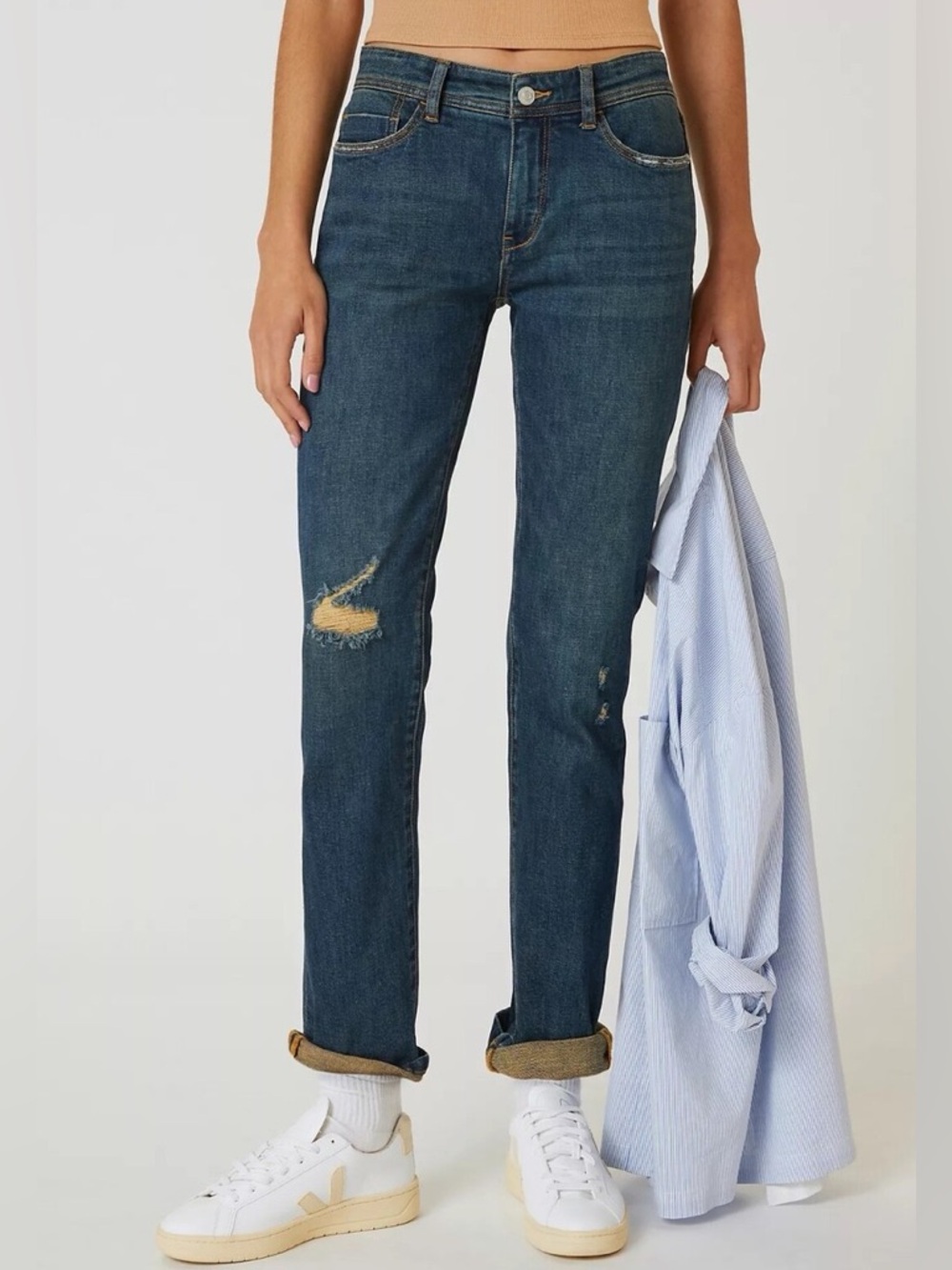 Pilcro Dark Blue Boyfriend Slim Jeans with Distressed Detail